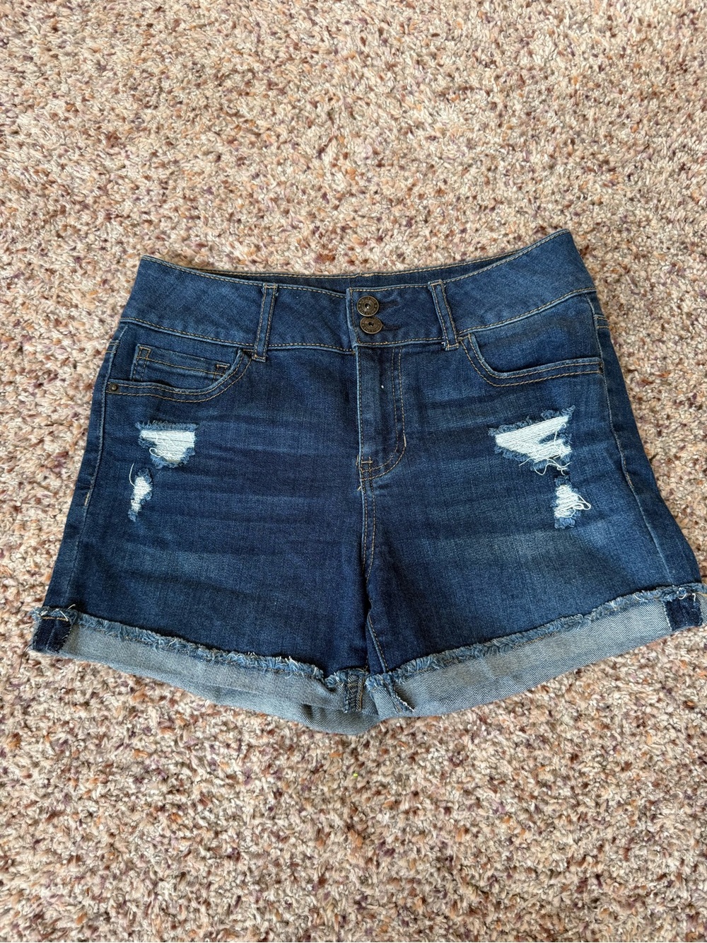 Vanilla Star Dark Blue Distressed Rolled-Hem Jean Shorts